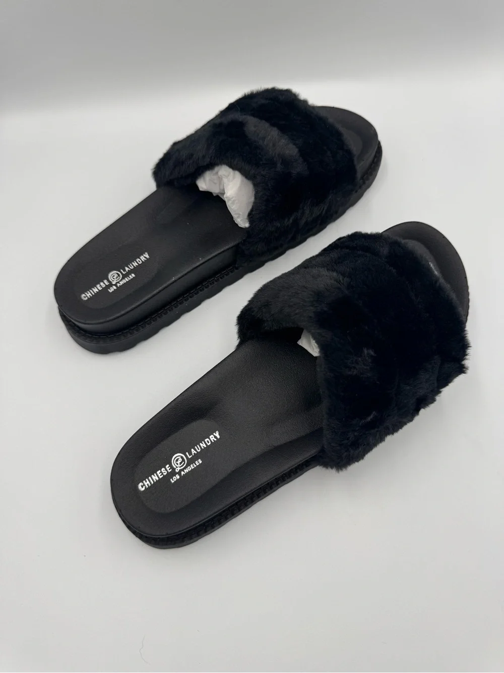 Chinese Laundry Black Faux Fur Slide Sandals Women’s Size 10 New No Box